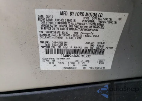 2015 Ford Taurus Sel из США, поврежденный, VIN 1FAHP2H86FG183530